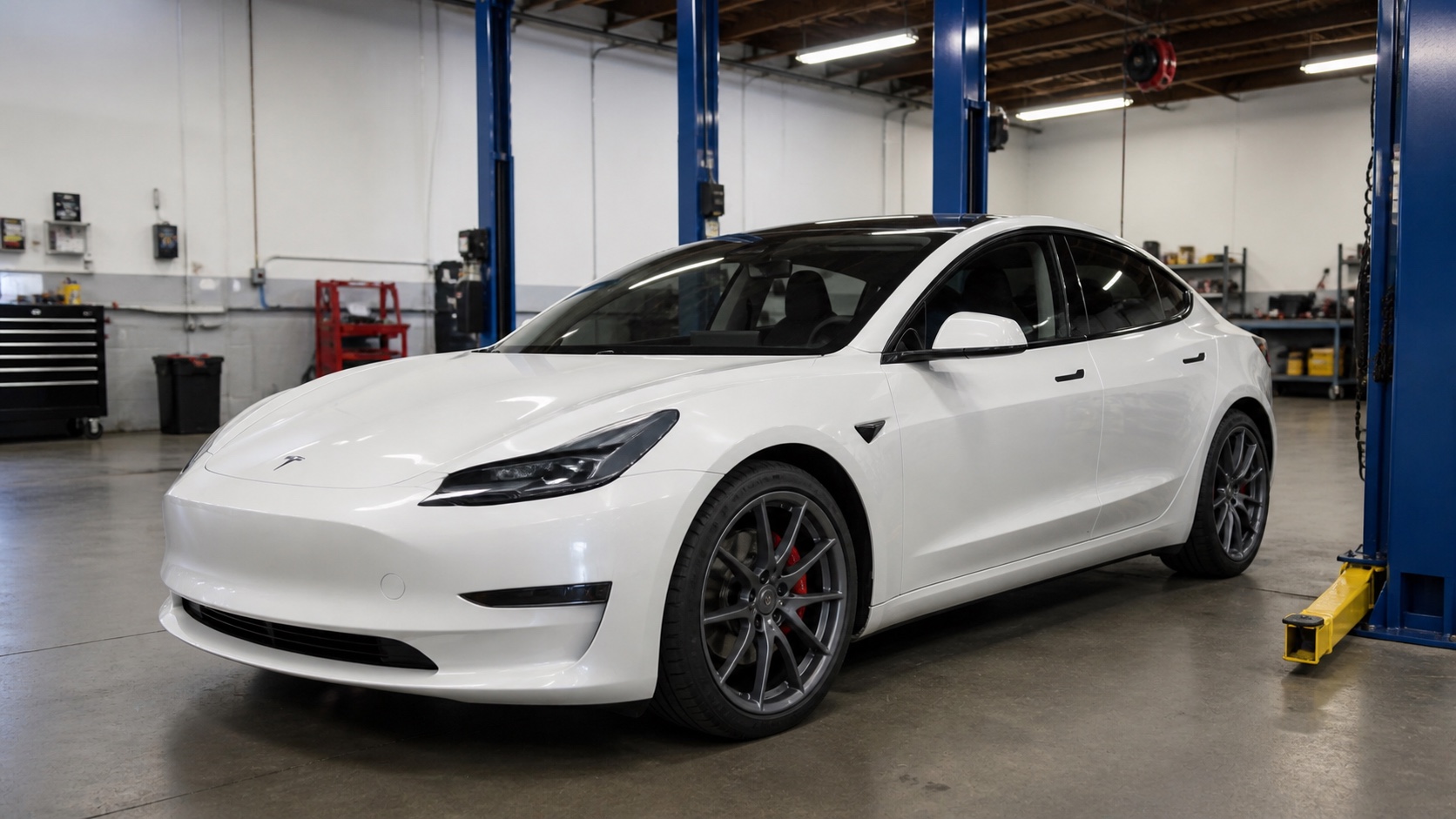 White Tesla Model 3 inside an independent Southern Oregon repair shop