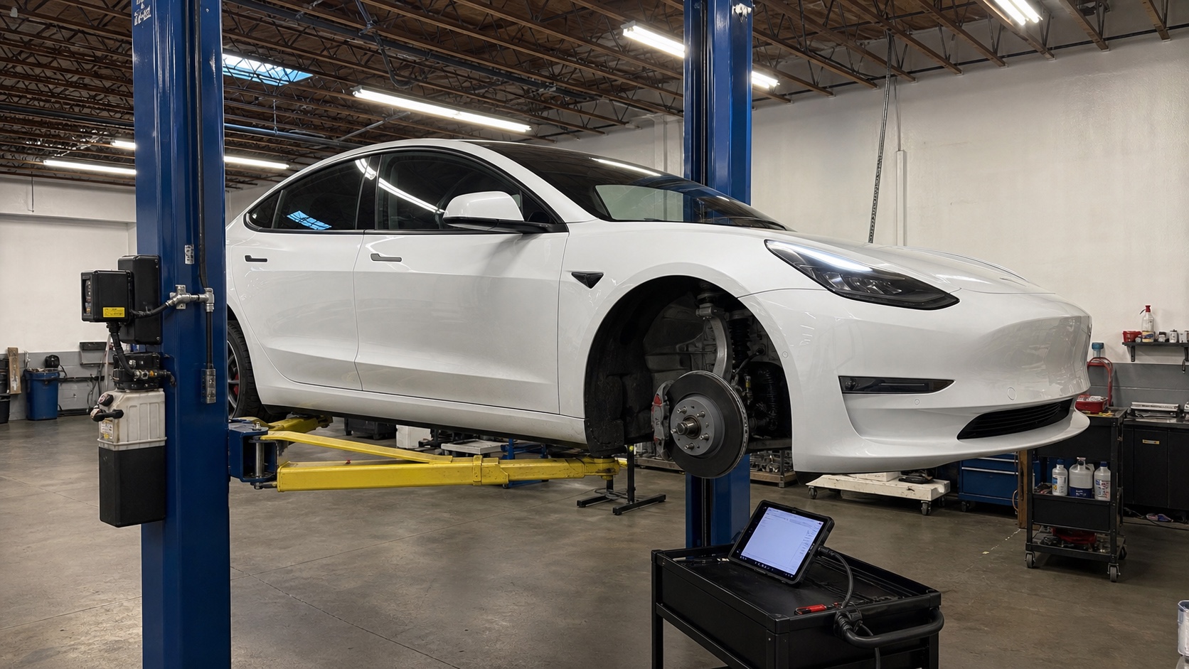 White Tesla Model 3 on a lift with the front wheel removed for inspection
