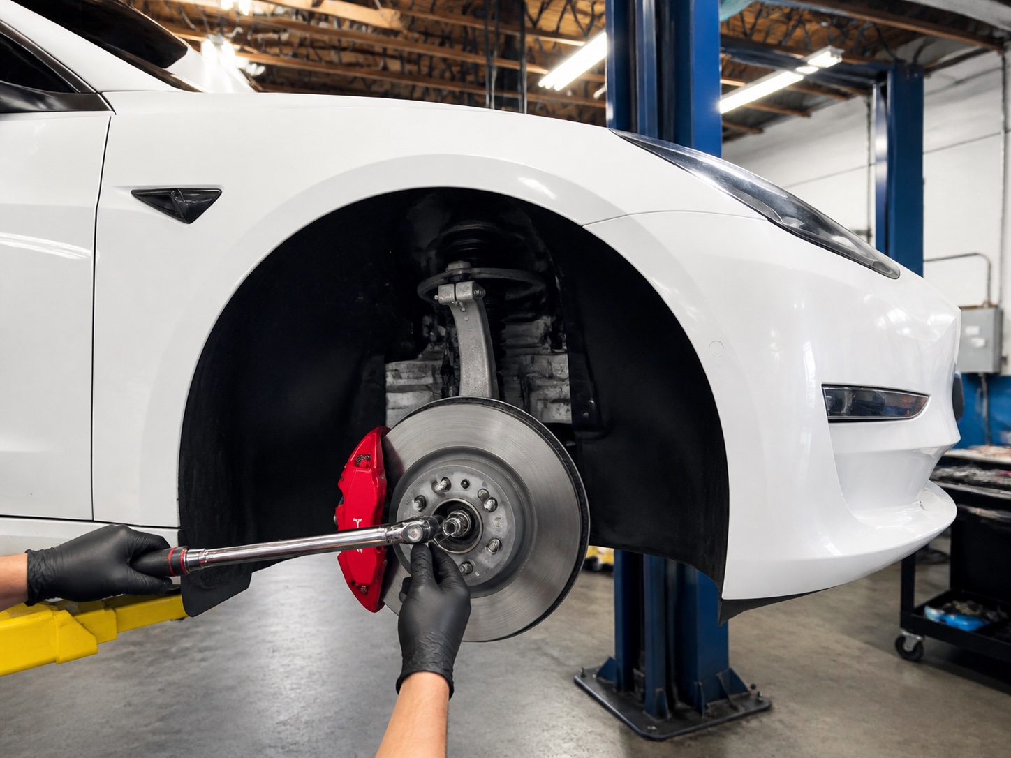 Technician servicing the front brake assembly on a white Tesla Model 3