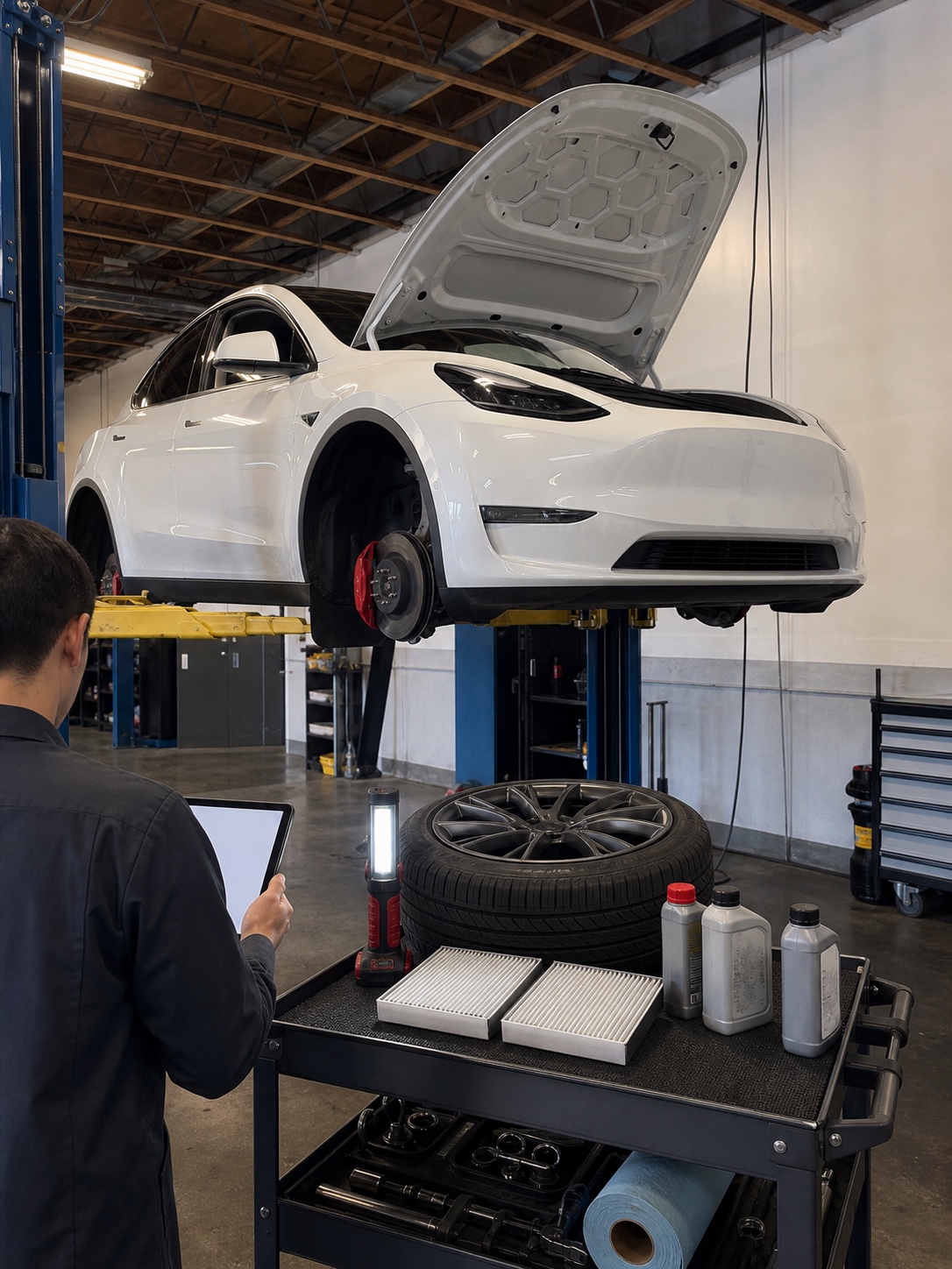 Tesla Model Y raised for routine maintenance and inspection