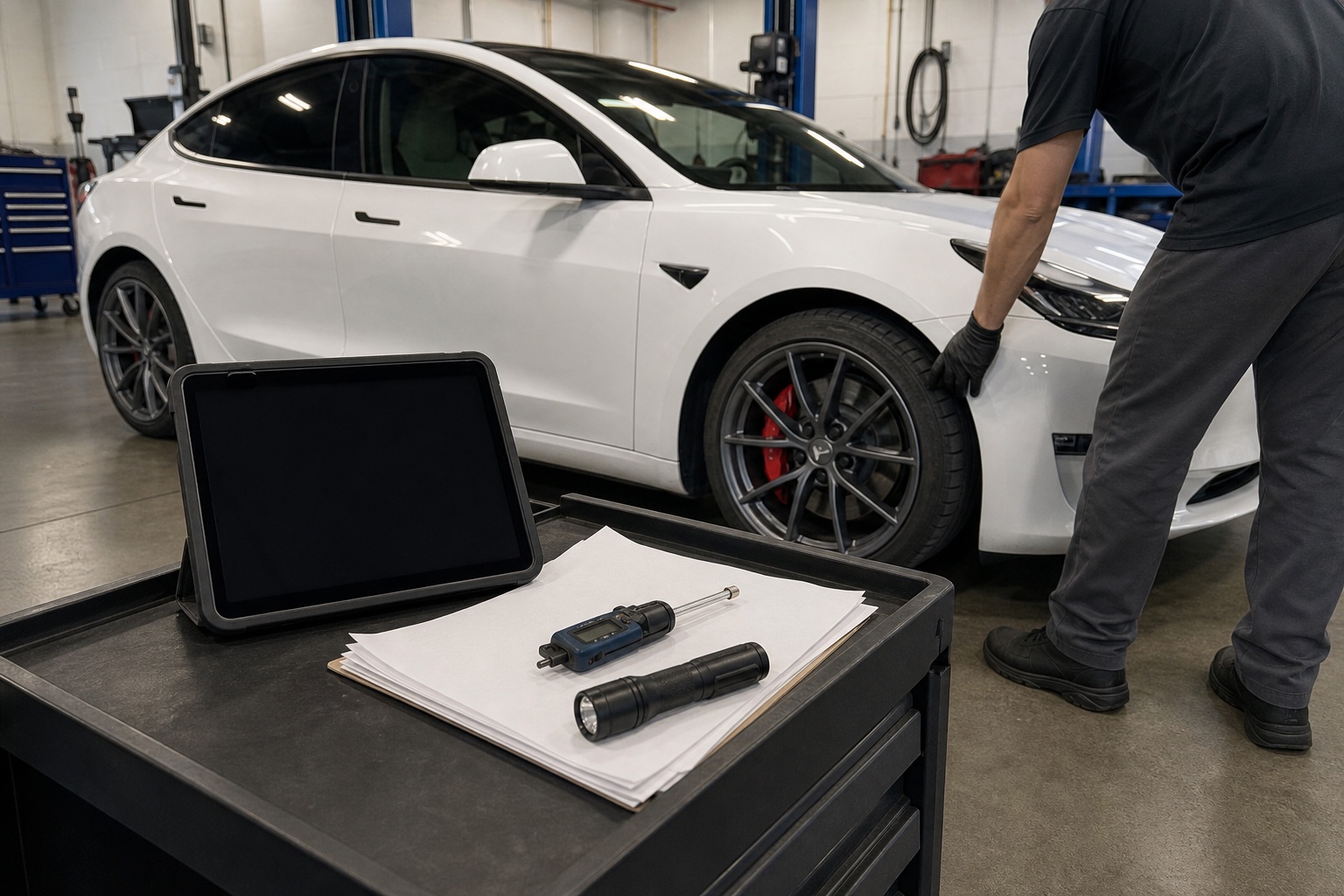 Technician reviewing tire condition and service history for a Tesla Model 3